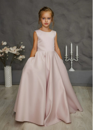 Blush Satin Deep V Back Flower Girl Dress With Pockets